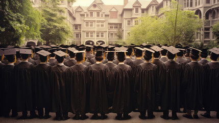Obraz premium A large group of graduates in hats with their classmates are standing near the educational institution.