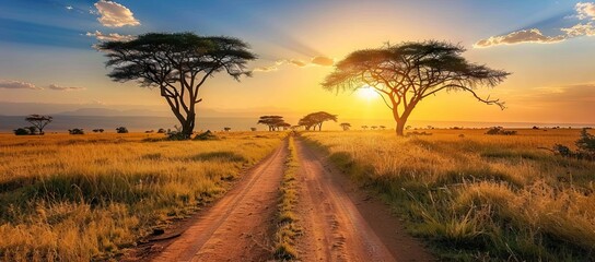 Beautiful landscape with tree in Africa. AI generated illustration - obrazy, fototapety, plakaty