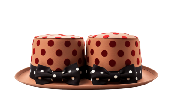 A stylish hat adorned with a playful polka dot pattern and a charming bow tie