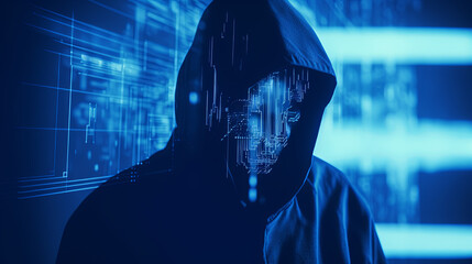 Mysterious hacker in hoodie engaging in cybercrime activities at night, blue digital data across their face