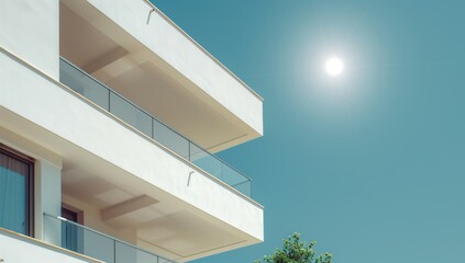 A modern apartment building with geometric shapes and white exterior walls, under the bright sun on a clear day against a blue sky Generative AI