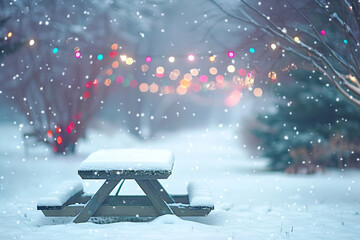 A small, snow-covered picnic table in a peaceful, snowy landscape, with blurred, colorful Christmas lights in the distance.