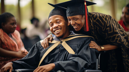Happy black, African American mother hugging her student son in a cap, graduate cap in a wheelchair near an educational institution. - obrazy, fototapety, plakaty