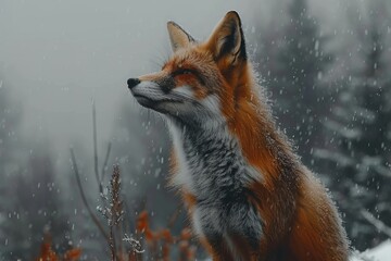 Obraz premium Red Fox Standing in Snow, Looking Up