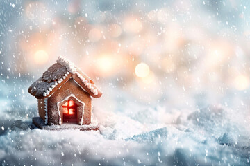 A blurred, miniature gingerbread house surrounded by soft, falling snow, positioned on the left with ample copy space on the right.