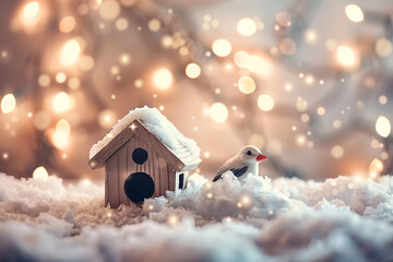 A small, snow-laden birdhouse with blurred, twinkling Christmas lights in - obrazy, fototapety, plakaty
