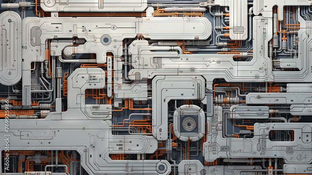 Poster background with metallic panels texture, wires and circuit. spaceship hull wall technology backgroun
