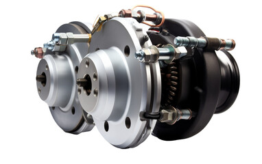 Detailed view of a brake assembly on a white background