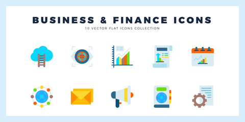 10 Business and Finance Flat icons pack. vector illustration.