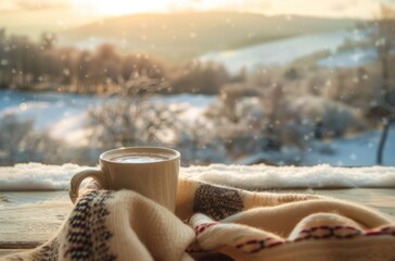 Fototapeta na wymiar A cup of hot coffee with milk on the table, a winter landscape outside the window