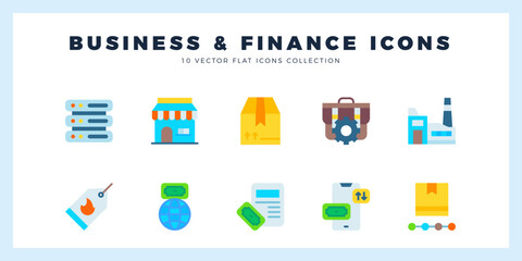10 Business and Finance Flat icons pack. vector illustration.
