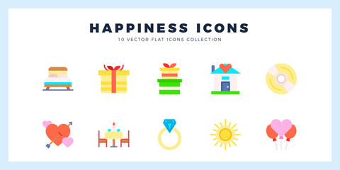 10 Happiness Flat icons pack. vector illustration.