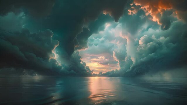 Time-lapse of Majestic Cloud Arch Portal Over Serene Water. A breathtaking scene with a majestic arch of clouds over tranquil water, suggesting a gateway to heaven or the afterlife.