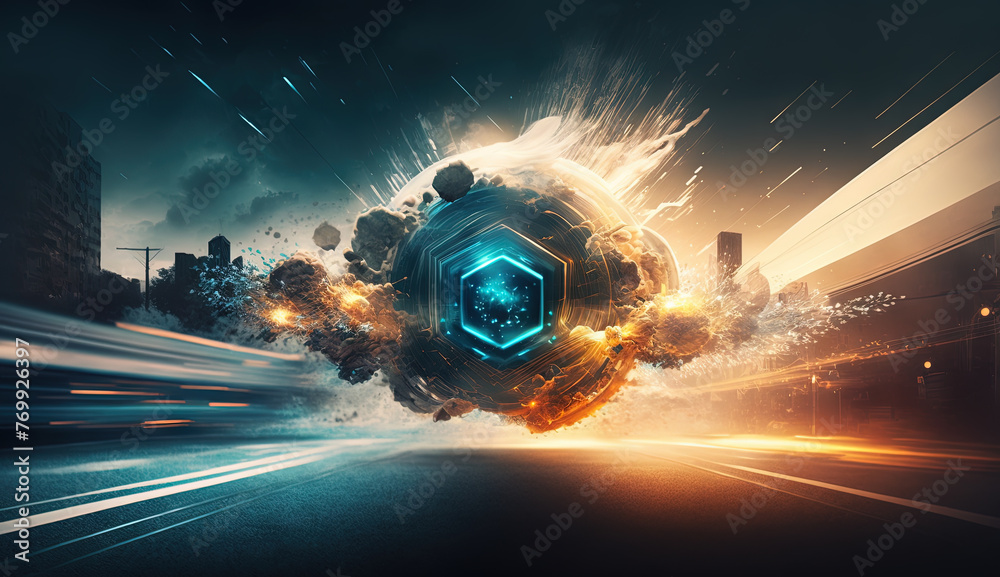 Poster Colorful explosion of sci-fi engine and particles. Technology abstract with scientific device blast.