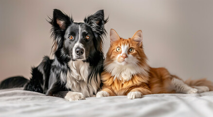 A dog and a cat posing together as good friends. Pets and companions concept.