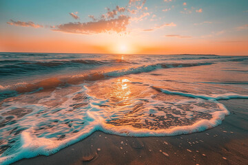 Beautiful sunset on the seashore. Small waves and sandy beach on the photo