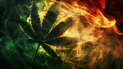 Background with single marijuana leaf and smoke clouds in Rasta colors. Soothing greens: Rasta...