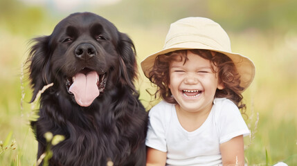 Portrait of a boy with a big smile and a straw hat next to his very happy dog with its tongue sticking out. Concept of pets, friendship, childhood. - obrazy, fototapety, plakaty
