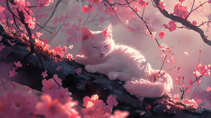 an adorable schrimp for my white cat, Cherry blossoms,generative ai - obrazy, fototapety, plakaty