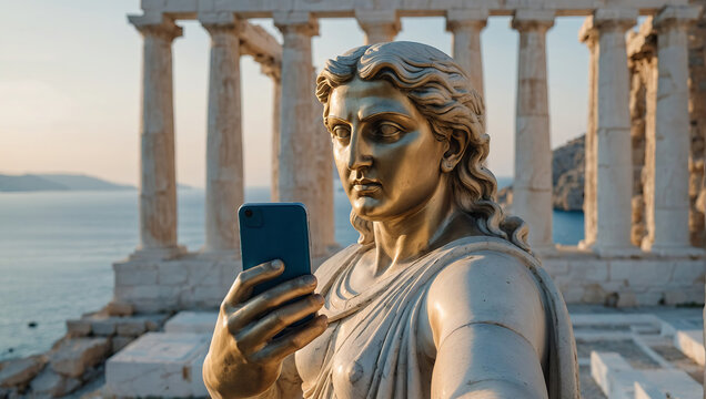 A Greek goddess statue takes a selfie and is photographed against the backdrop of the ruins of the theater.