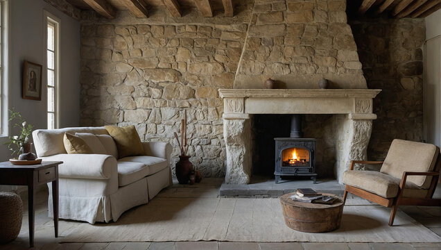 Authentic, antique, stone fireplace, hearth in the room of a country old castle.