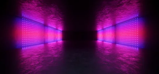 Futuristic Sci Fi Glowing Hologram Show Club Stage Dots Lasers In Concrete Hexagon Tiled Room Tunnel Garage Hangar VIbrant Purple Blue Background 3D Rendering © IM_VISUALS