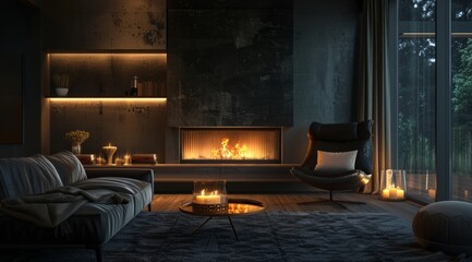 A dark room with an elegant fireplace, a comfortable armchair and soft lighting creating a cozy winter atmosphere