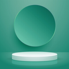 Realistic white and blue 3D cylinder pedestal podium set with geometric group and balls. Pastel minimal scene for products showcase, Promotion display. Vector abstract studio room platform design.
