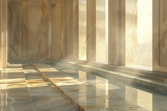  A tranquil scene of a marble terrace, bathed in golden sunlight, inviting relaxation and contemplation. 
