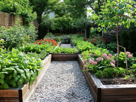 A garden with a path in the middle and a row of flower beds on either side