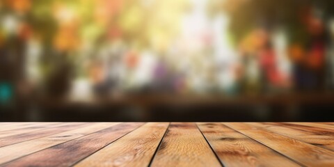 The empty wooden table top with blur background. Exuberant image. generative ai - obrazy, fototapety, plakaty