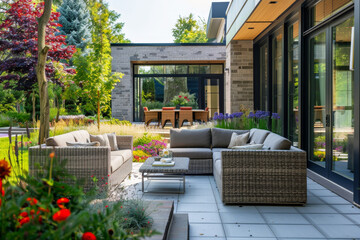 A patio with a large couch and a table with a vase of flowers