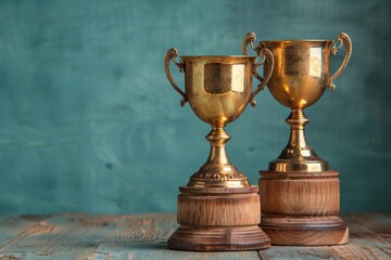 Two Golden Trophies on Wooden Table - obrazy, fototapety, plakaty