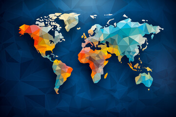 Colorful Geometric Polygon World Map on Deep Blue Background