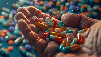 close up of ahand with pills, colored pills in the hand, pills background, hand holding pills - obrazy, fototapety, plakaty