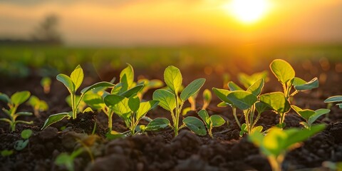 Young soybean sprouts reaching towards the sun in an open field at sunrise, captured in a close-up shot. Concept Agriculture, Nature, Landscape, Growth, Plant Photography