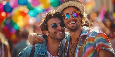 Beautiful gay men couple hugging and celebrating on pride parade, Vogue magazine style photo, blurred background