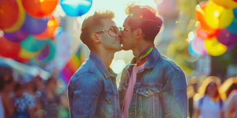 Beautiful gay men couple kissing and celebrating on pride parade, Vogue magazine style photo, blurred background