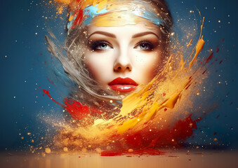 Vibrant splashes of colour swirl around a woman's face, creating a dynamic and almost surreal effect.Her striking features, especially her eyes and lips, stand out clearly. AI generated.