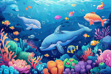 Fototapeta na wymiar Vibrant Underwater Seascape with Diverse Marine Life