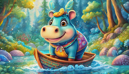 Oil painting style Cartoon character Side view of hippo standing on mud in smile boat in forest 