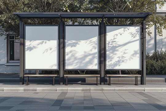 A large bus stop against the background of houses with empty three advertising banners inside. Template for design.