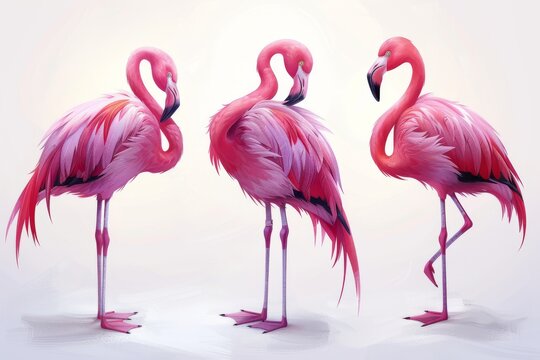 A cute cartoon set of three flamingos on a white background