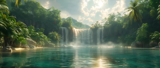 Fotobehang 64k, 8k widescreen, wallpaper, amazing lanscape scene, Waterfall cascading through a lush forest in autumn © SJarkCube