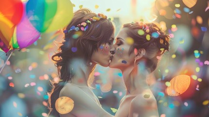Beautiful transsexuals couple kissing and celebrating on pride parade, Vogue magazine style photo, blurred background