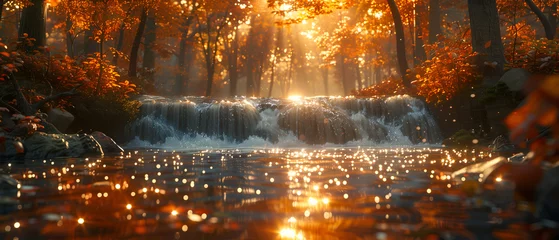 Foto auf Acrylglas 64k, 8k widescreen, wallpaper, amazing lanscape scene, Waterfall cascading through a lush forest in autumn © SJarkCube