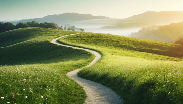  Scenic winding path through a field of green grass in the morning