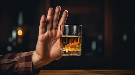 man refuses say no and avoid to drink an alcohol whiskey , stopping hand sign male, alcoholism treatment, alcohol addiction, quit booze, Stop Drinking Alcohol. Refuse Glass liquor, unhealthy, reject