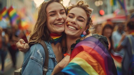 Cute lesbian girls couple hugging and celebrating on pride parade, Vogue magazine style photo, blurred background