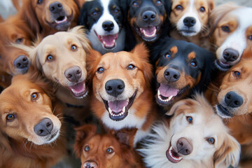 A Diverse Collection of Happy Dog Breeds Smiling for the Camera, Offering a Delightful Portrait of Canine Joy and Companionship in a Close-Up View - obrazy, fototapety, plakaty